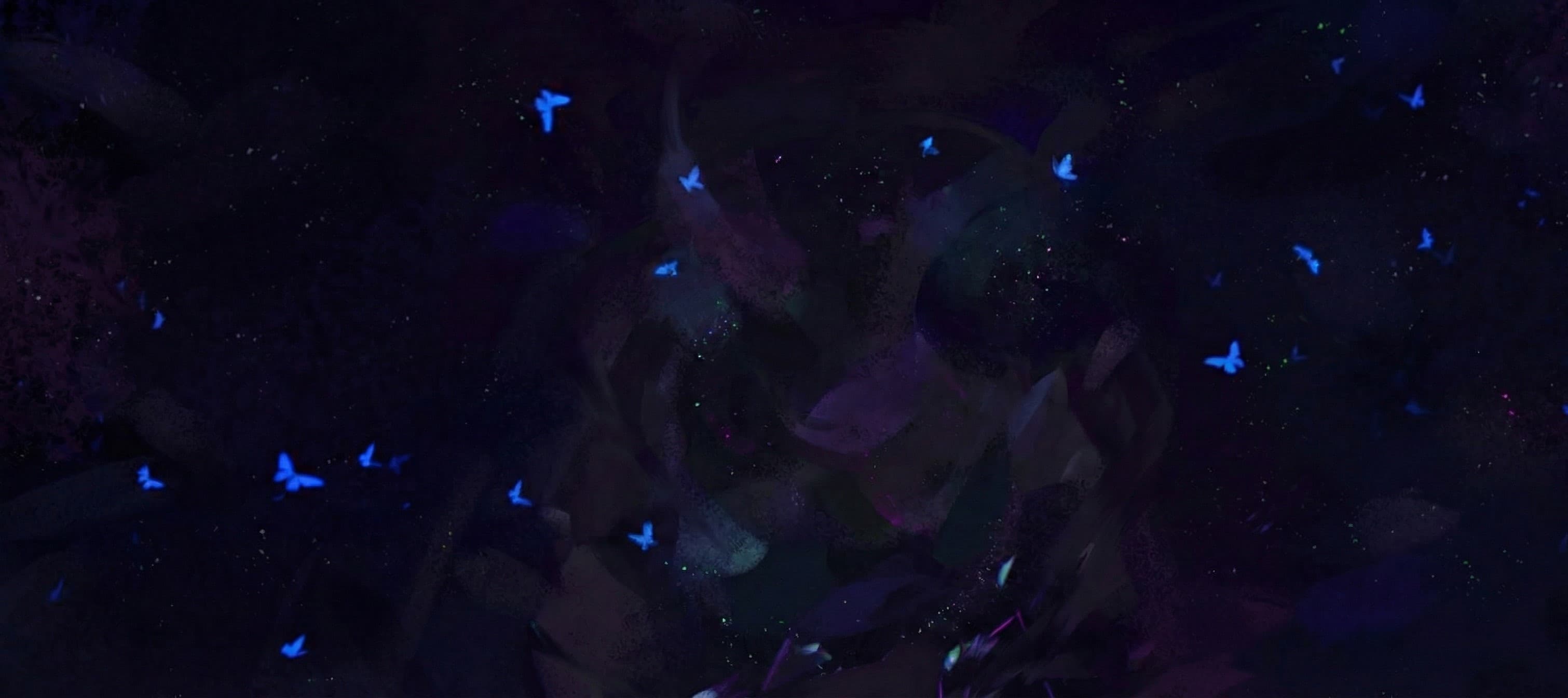 Dark purple and blue background with small blue butterflies scattered, creating an ethereal effect.